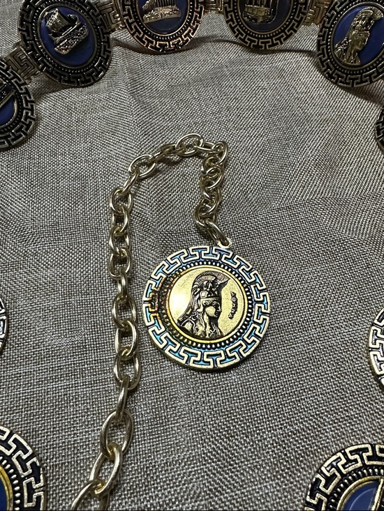 Vintage 1970’s Gold Tone Medallion Link Belt with Blue Enamel Accents